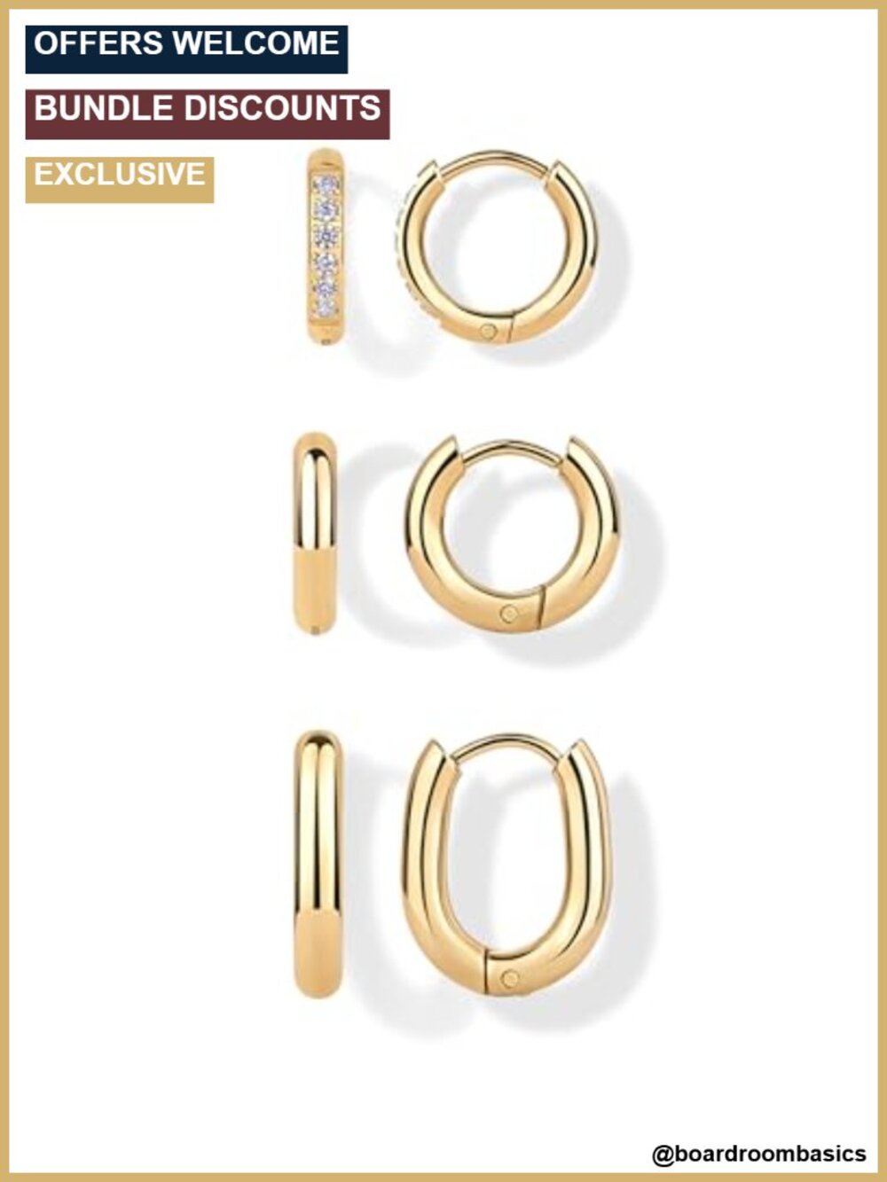 Waterproof Huggie Hoop Earrings Set of 3 Gold Plated 13mm Cubic Zirconia